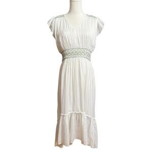 A La Plage White Flutter Sleeves Smocked Waist Shoulder Midi Dress Size Small